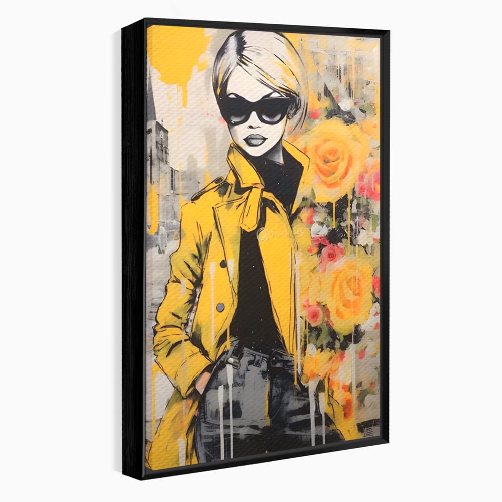 Tablou canvas cu tablou canvas cu femeie in jacheta galbena, in rama de aluminiu negru